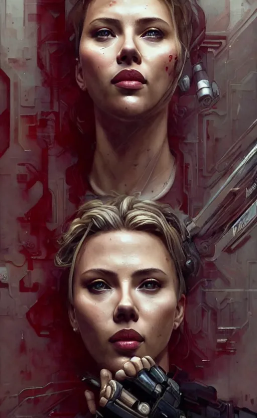 Image similar to scarlett johansonn by banksy, looking at camera, intricate, dystopian, sci-fi, extremely detailed, digital painting, artstation, concept art, smooth, sharp focus, illustration, intimidating lighting, incredible art by artgerm and greg rutkowski and alphonse mucha and simon stalenhag