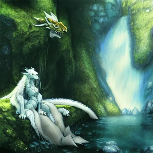 Image similar to furry art, female dragon sleeping by a waterfall, commission, color page, tankoban, 4 k, tone mapping, jaime jones, alan lee