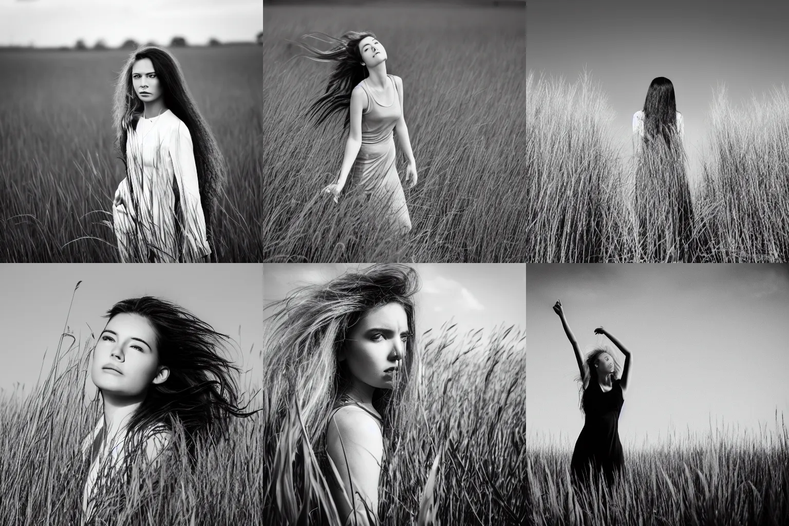 Prompt: a black and white photo of a young woman in a field of tall grass, her hair blowing in the wind, monochrome, Fine Art America, black and white photography