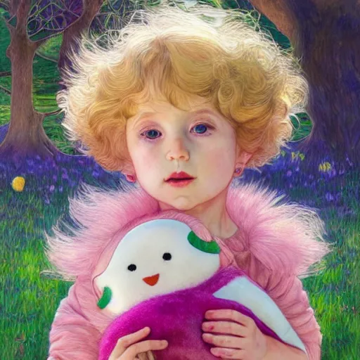 Image similar to a beautiful little blonde toddler girl with short curly hair at the park on a beautiful day in the shade, holding a round all-pink stuffed penguin, by Dan Mumford, Junji Murakami, Mucha Klimt, Hiroshi Yoshida and Craig Mullins, featured on Artstation, CGSociety, Behance HD, Deviantart