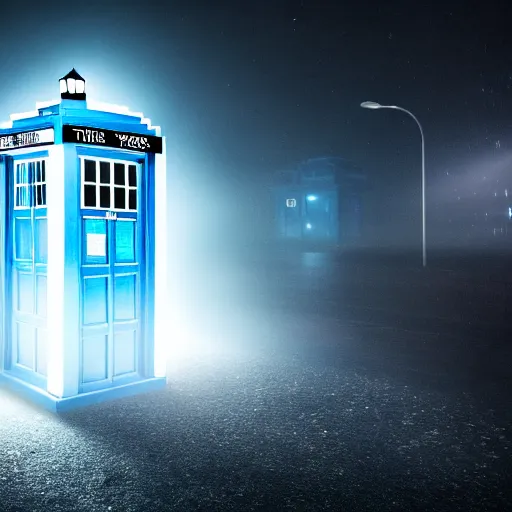 Image similar to a hyperdetailed photograph of the tardis sat on a futuristic street corner, night, dense fog, rain, hd, 8 k resolution