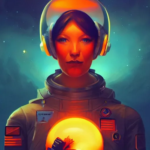 Prompt: a poster design of a portrait of a female orange astronaut, cyberpunk, Highly detailed labeled, poster, peter mohrbacher, featured on Artstation
