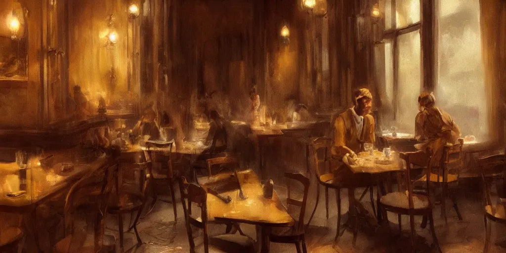 Image similar to brown cat with yellow eyes is sitting at table in a cafe at paris in early 2 0 th century. atmospheric feeling, warm colours, brown colours, yellow colours, epic scene, cinematic, very detailed, concept art, trending on artstation