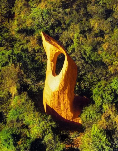 Image similar to vintage color photo of aerial view of a giant 1 1 0 million years old abstract sculpture made of light beams and liquid gold covered by the jungle vines