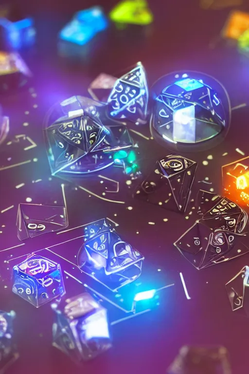 Image similar to closeup, of one futuristic sci-fi Twenty sided dice, in the background players at a table that are in still high tech suites, bokeh, sharp focus, intricate concept art, highly detailed, 8k, cinematic, sharp focus