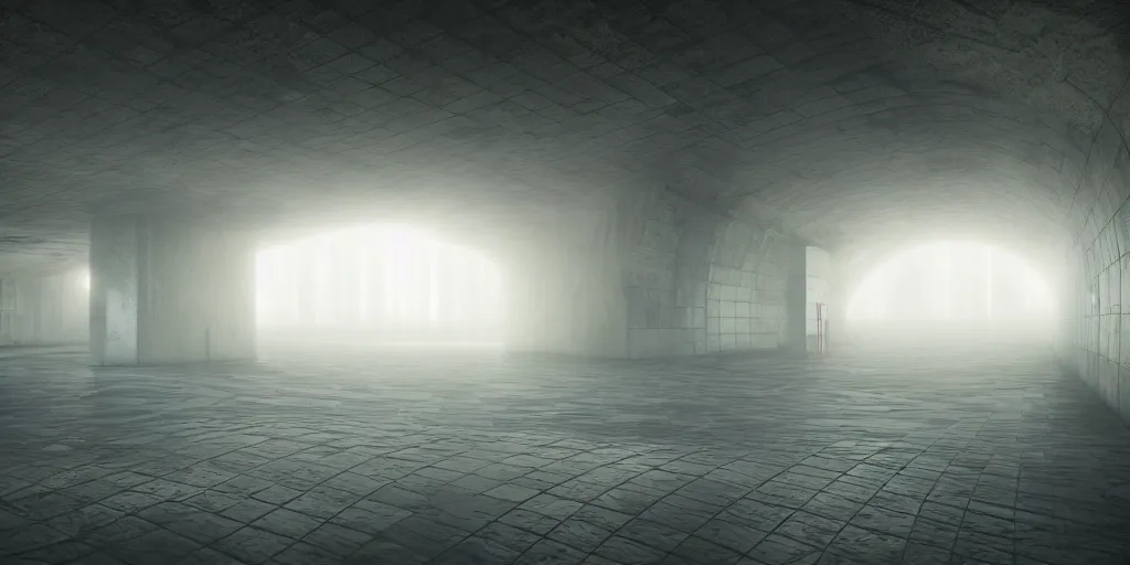 Image similar to underground tunnel, brutalist architecture, sterile, iridescent mist, futuristic hazmats, unknown location, light and shadows, light refraction, 4k, cinematic, unreal engine, concept art