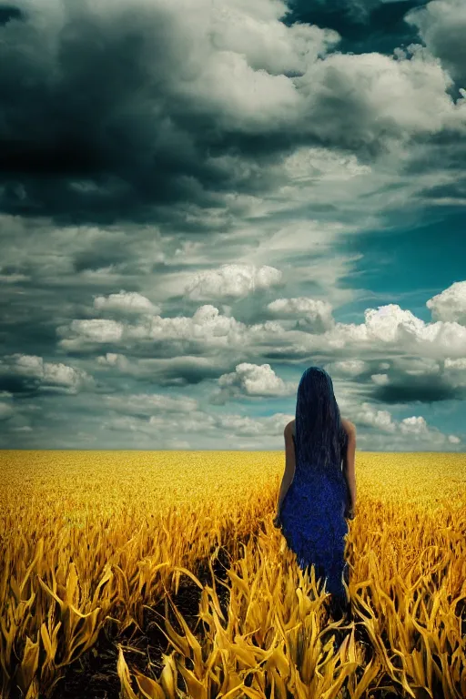 Image similar to giant corn flower head, girl walking in a decaying walter white themed flower field, surreal photography, dead body, dramatic light, impressionist painting, colorful clouds, digital painting, walter white, uncanny valley