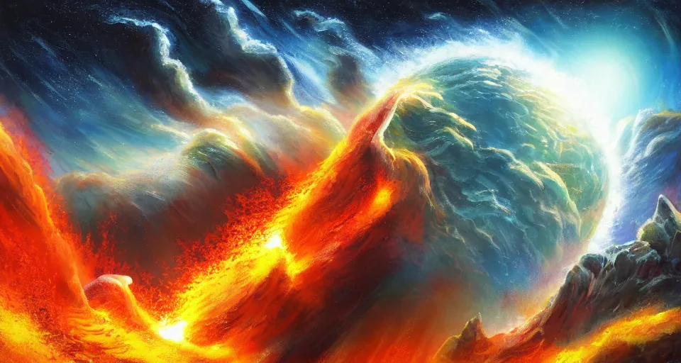 Image similar to award winning realistic painting, beautiful lighting, planet of water crashing into a planet of fire, bright explosion