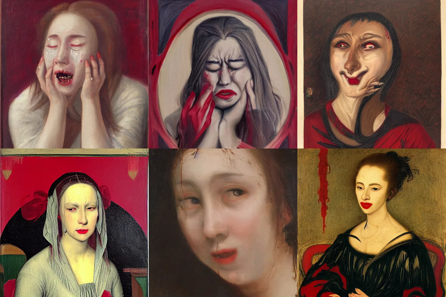 Prompt: masterpiece portrait of a woman with fangs crying tears of red blood