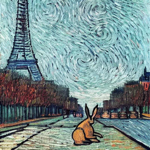Image similar to a rabbit sitting on a street in paris, the eiffel tower is visible in the background, in the style of van gogh