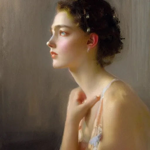 Prompt: a high fashion studio stunning backlit portrait of french girl, painting by gaston bussiere, craig mullins, j. c. leyendecker