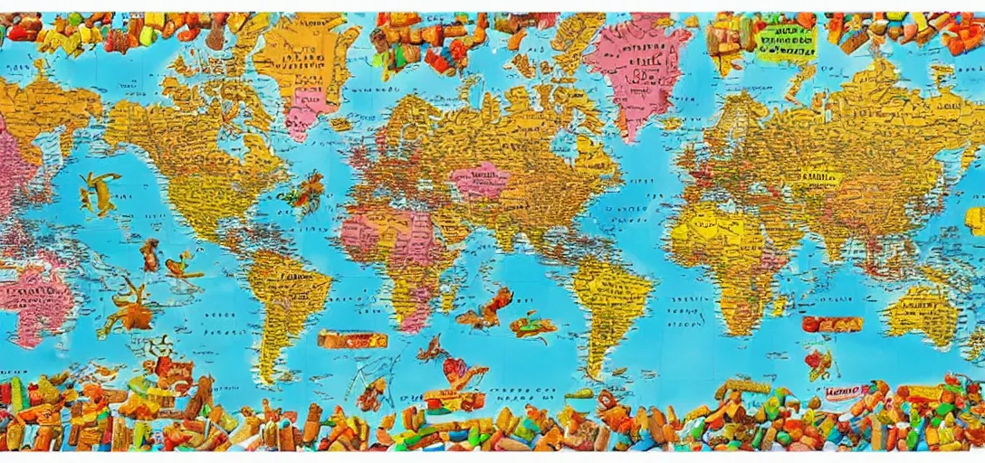 Prompt: an accurate world map made of candy, in the style of a treasure map