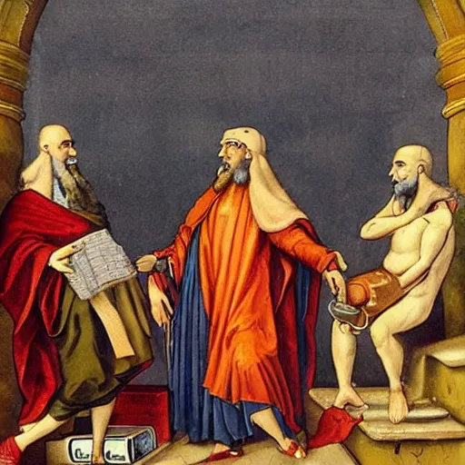 Prompt: Hermes Trismegistus chillin with his homies