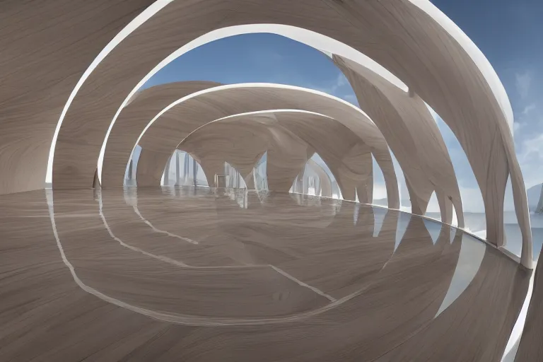 Prompt: pierre cardin's architecture is formed by the intersection of many white egg shaped spherical spaces. on the calm lake surface, people's perspective, future, interior wood, marble, award winning, highly detailed 4 k art, dusk, unreal engine highly rendered, global illumination, radial light, internal environment