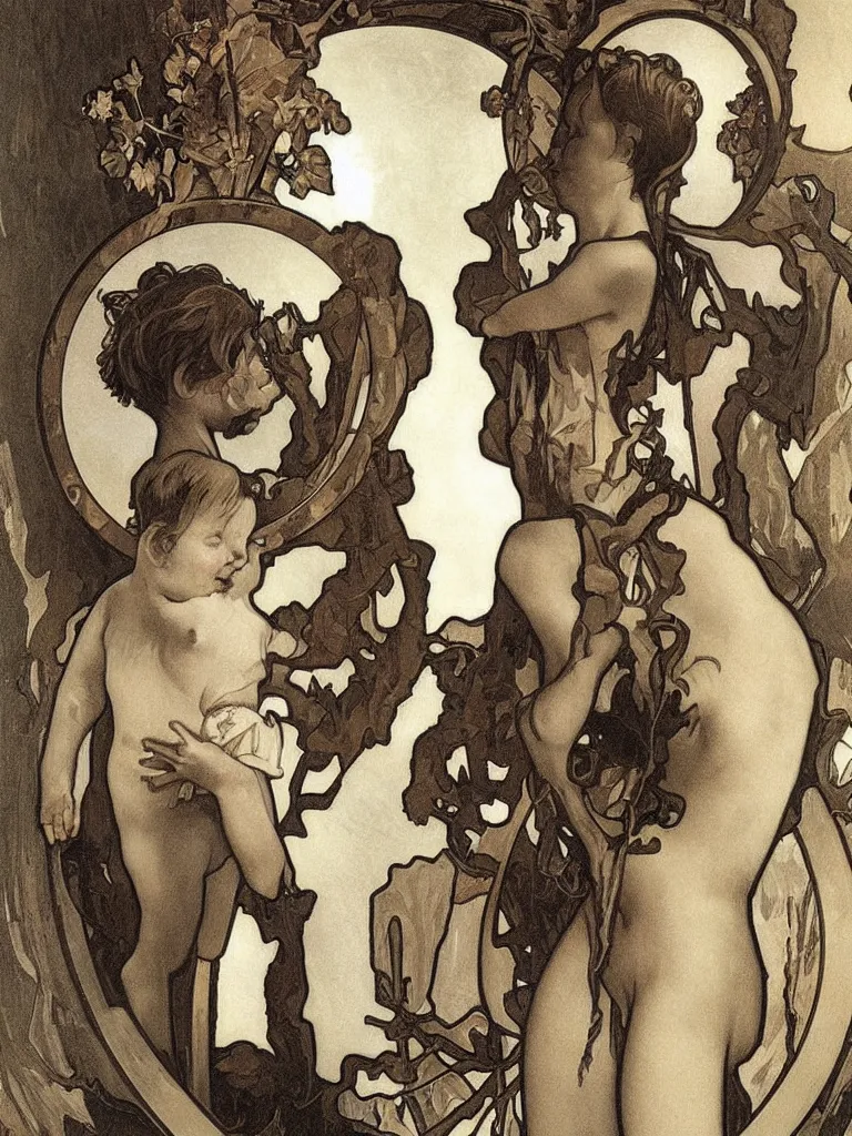 Prompt: realistic detailed portrait of a baby groot in the mirror, god ray behind,, scary style, by alphonse mucha