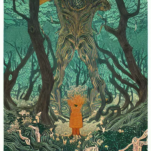 Prompt: detailed illustration of a of a monster in an ornate forest by victo ngai