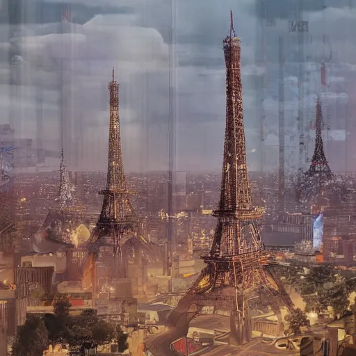 Image similar to A beautiful intricate 8K award-winning cinematic movie photograph of the future Eiffel Tower completely painted over by corporate logos in the year 2043, by Bruno Delbonnel