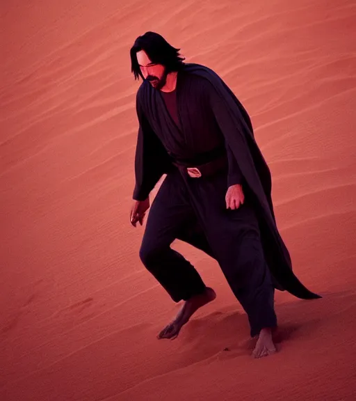 Image similar to keanu reeves as a jedi master, perfect symmetrical face, a red sand desert, full moon, moody lighting, 8 k, shallow depth of field, intricate detail,