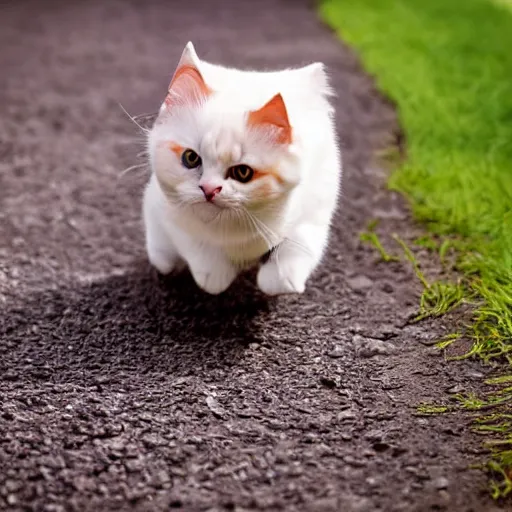 Image similar to cute chibi adorable beautiful kawaii munchkin cat running after postman, professional food photography