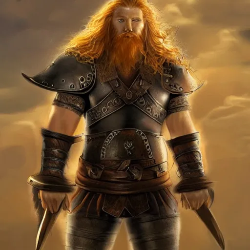 Prompt: ginger viking with flowing long wavy hair in leather armor, very pale, very hairy chest, bare chest, very thick thighs, bare legs, husky body type, big muscles, very tall, strong, powerful, majestic, imposing, full body picture, matte painting, concept art, 4 k