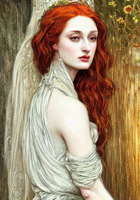 Image similar to sansa, intricate, elegant, highly detailed, digital painting, artstation, concept art, smooth, sharp focus, illustration, pre - raphaelite style, mucha, monet