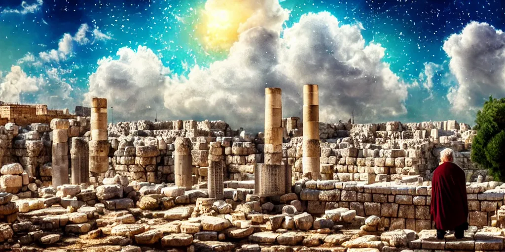 Image similar to a adorable small fox in the huge ruins of the second temple in jerusalem in the distance. the third temple hovers quietly hiding in the dreamy clouds above. a hooded bearded old man in a tunic laughing, colorful 8 k, art station, intricate superb details, digital art, cinematic, bokeh dof sky, a painting by afremov.
