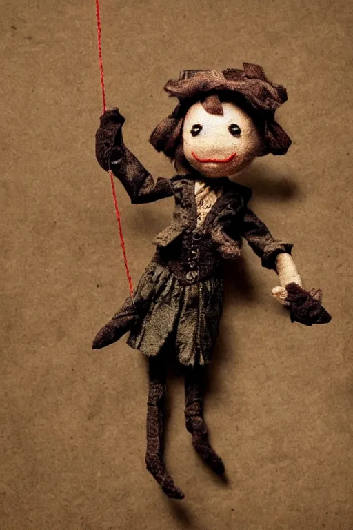 Image similar to a puppet held by string, alone stage, steampunk, sad vibe, steampunk, ballet, 8 k, detailed, ambient lighting, vintage, dark fantasy