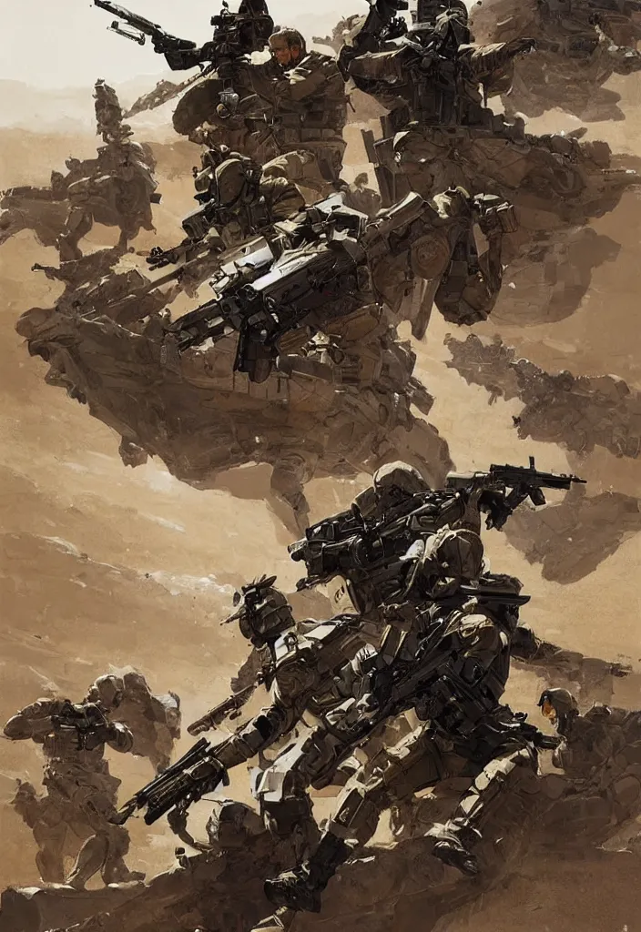 Prompt: Soldiers aim their Desert Eagles at each other's heads in a Mexican standoff, by Greg Rutkowski, hyper detailed modern European ink painting, symmetry, a masterpiece, inspired by Metal Gear Solid, movie poster art