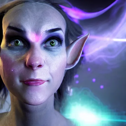 Prompt: a mischievous elf with violet skin reflecting a laser light, a scarred face, chuckling, with a nebula behind them, in the style of gary frank and rafael albuqurque, rendered in unreal engine