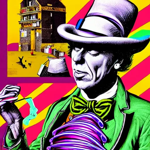 Prompt: graphic illustration, creative design, willy wonka, biopunk, francis bacon, highly detailed, hunter s thompson, concept art