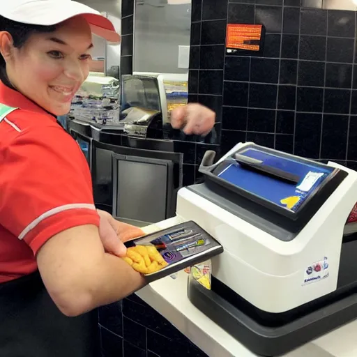 Image similar to a humanoid cat working on mcdonalds helping people at the register