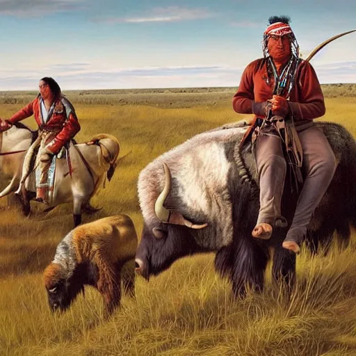 Prompt: cheyenne tribal men hunt for bison on hills of south dakota by mary jane ansell