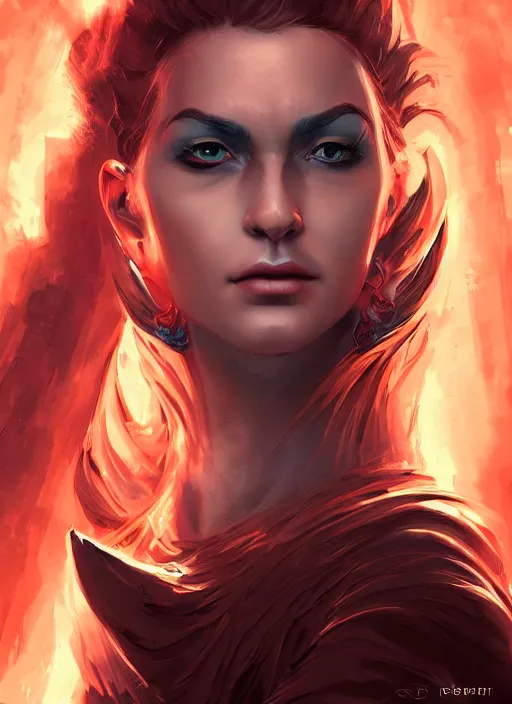 Image similar to face portrait of the empress of flames, perfect face details, symmetry, digital painting, trending on artstation and deviantart, epic composition, dynamic, highly detailed, ross draws, wlop, 8 k