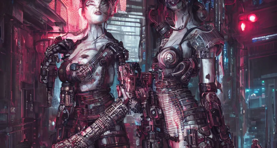 Image similar to Dark cyberpunk geisha. Biopunk, body armor, high detail, photorealism, full length view, concept art, Dan Mumford, Greg Rutkowski, Quixel Megascans, octane render, 16k, 8k