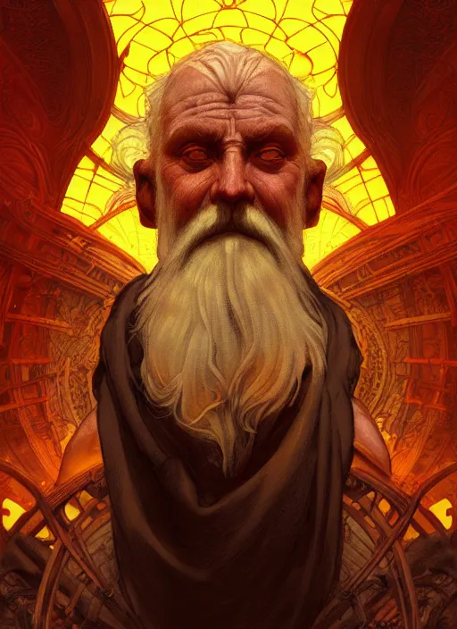 Image similar to the god hephaestus, old man, fiery hair, glowing eyes, volumetric lights, yellow and red scheme, art nouveau botanicals, gothic, intricate, highly detailed, digital painting, artstation, concept art, smooth, sharp focus, symmetric face, illustration, steampunk, art by artgerm and greg rutkowski and alphonse mucha