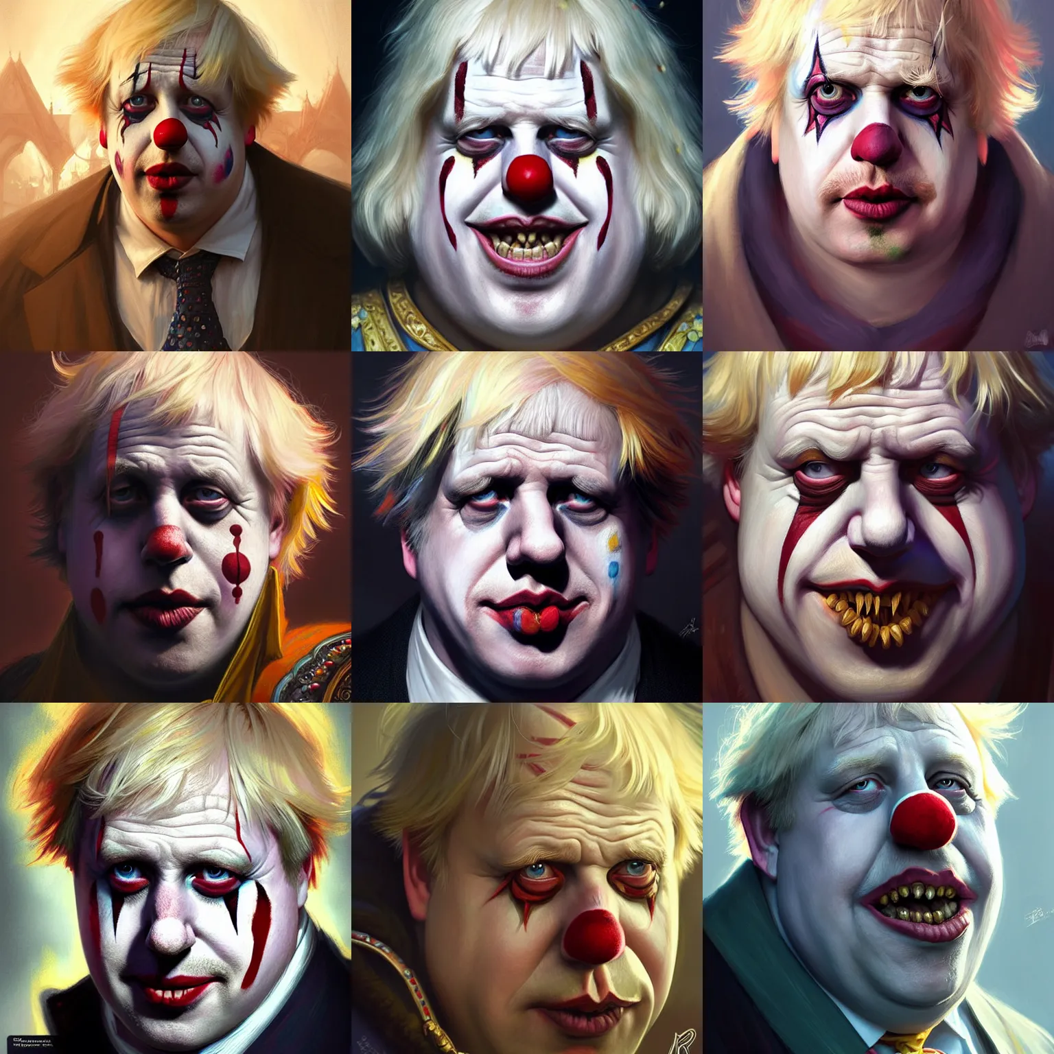 Prompt: boris johnson in clown makeup, closeup, d & d, fantasy, intricate, elegant, highly detailed, digital painting, artstation, concept art, matte, sharp focus, illustration, hearthstone, art by artgerm and greg rutkowski and alphonse mucha