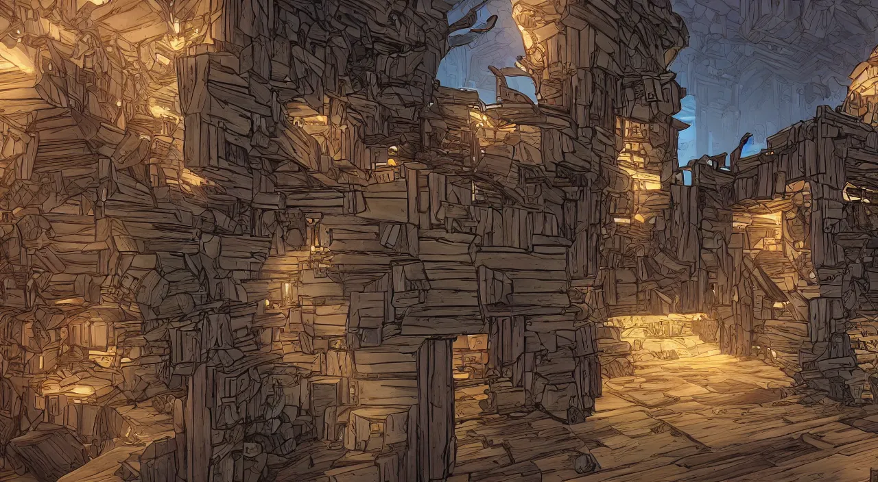 Image similar to wood wall fortress greeble block amazon jungle portal door unknow world global illumination ray tracing ambiant torch fornite that looks like it is from borderlands and by feng zhu and loish and laurie greasley, victo ngai, andreas rocha, john harris