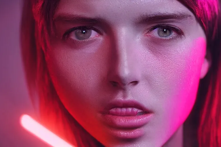 Image similar to VFX movie of a hacker closeup portrait in high tech compound, beautiful natural skin neon lighting by Emmanuel Lubezki