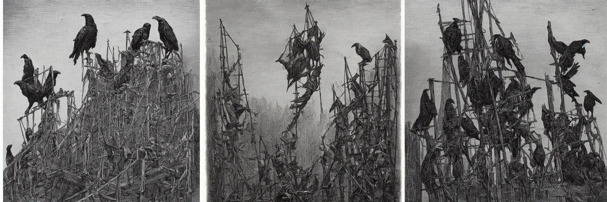 Prompt: an engraving of ravens on a gallows scaffold by gustave dore, john blanche, ian miller, highly detailed, strong shadows, depth, illuminated focal point