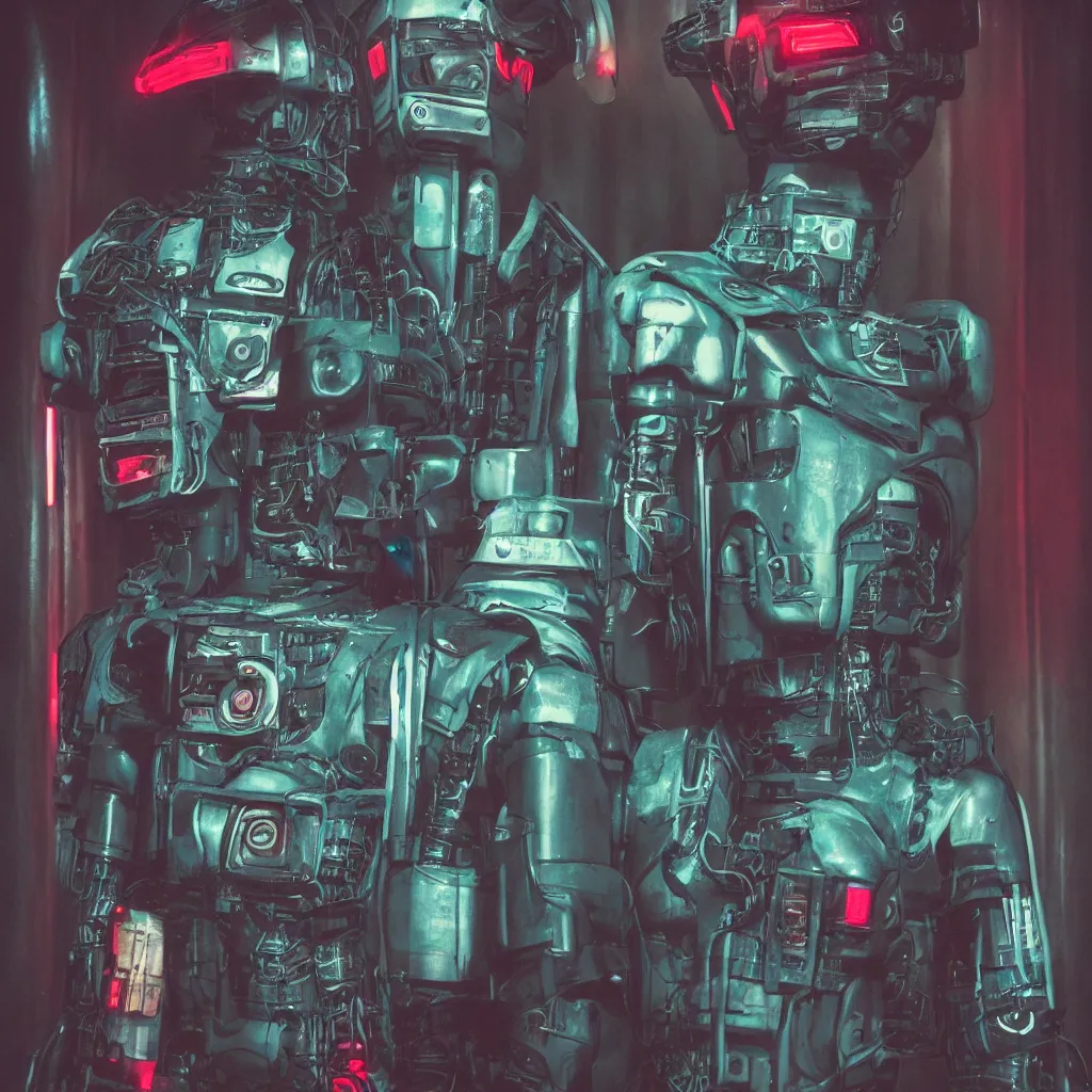 Image similar to digital art Cyberpunk Robot police Mugshot, CineStill 800T Film