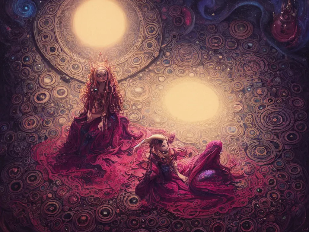 Image similar to high angle picture of a maximalist dress witch sitting on the floor and researching about the azathoth, extremely beautiful and aesthetic and detailed cute face and eyes, very huge magic circles on hand, with familiar sprites, in the magic room, chiaroscuro, intricate, masterpiece, fantasy illustrations by anato finnstark and jeremy lipking and peter mohrbacher