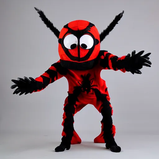 Image similar to sports team mascot, angry spider mascot costume, spider, the tarantulas, football mascot, anthropomorphic tarantula HD official photo, high quality costume