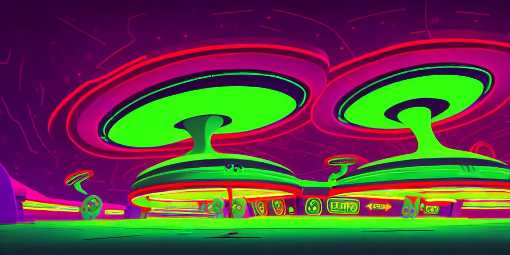 Prompt: minimalistic extreme wide angle curly perspective digital art of alien shaped indoor casino with roulettes in the roof, by anton fadeev from nightmare before christmas