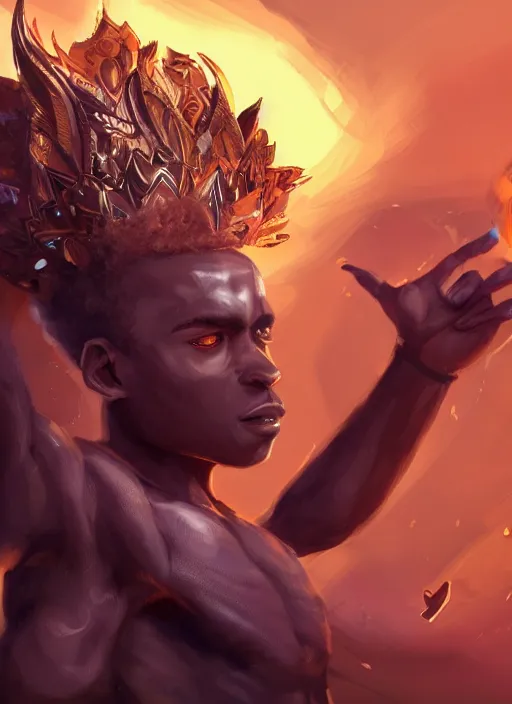 Prompt: a highly detailed illustration of attractive young african fire god with short hair, wearing track and field suit, heroic jumping pose, intricate, elegant, highly detailed, centered, digital painting, artstation, concept art, smooth, sharp focus, league of legends concept art, wlop