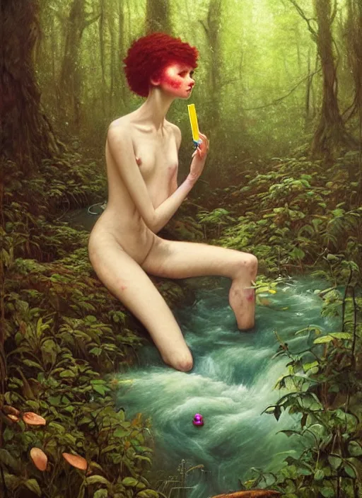 Image similar to bubblegum in the woods by a stream, river gorgeous lighting, lush forest foliage blue sky a hyper realistic painting by chiara bautista and beksinski and norman rockwell and greg rutkowski, tom bagshaw weta studio, and lucasfilm