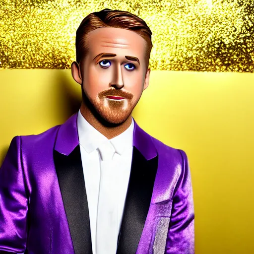 Image similar to Ryan Gosling with silver-violet hair, white eyes, inflated press and golden glittery dress, wide lens, diorama, 4k,