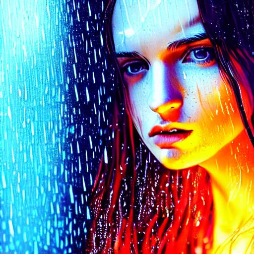 Image similar to bright asthetic portrait LSD glowing backlit rain on face and wet hair in strands, overhead lighting, fantasy, intricate, elegant, dramatic lighting, highly detailed, lifelike, photorealistic, digital painting, artstation, illustration, concept art, smooth, sharp focus, art by John Collier and Albert Aublet and Krenz Cushart and Artem Demura and Alphonse Mucha