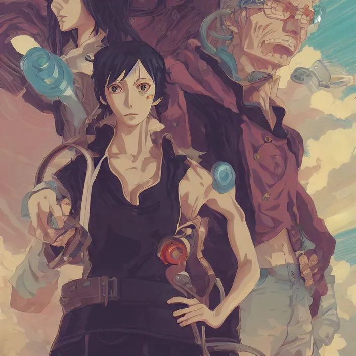 Image similar to anime portrait one piece, futuristic science fiction, mucha, hard shadows and strong rim light, art by jc leyendecker and atey ghailan and sachin teng