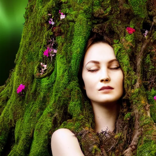 Image similar to a woman's face emerging from the roots of a tree, covered in moss, flowers, mother nature