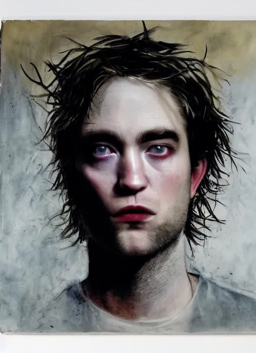 Image similar to scary shot of the sandman with pale skin and black messy hair, robert pattinson, looking back at camera in godlike and villainous way, while eyes shine like white stars above, haunting face, female face, oil painting